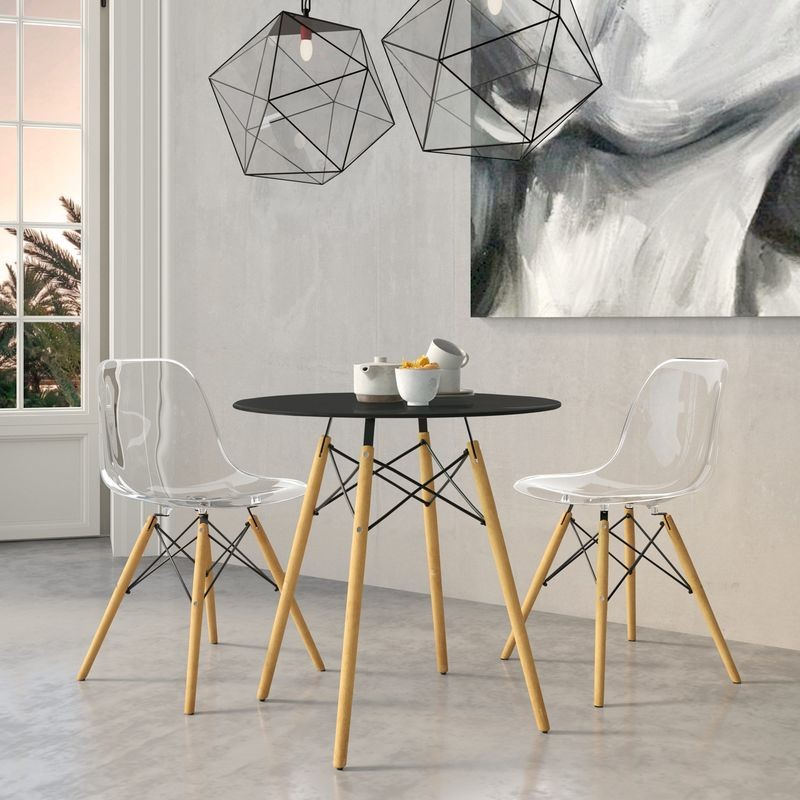 LeisureMod Dover 3-Piece Dining Set with Round Black MDF Top Bistro Table and 2 Plastic Chairs in Clear in Room.