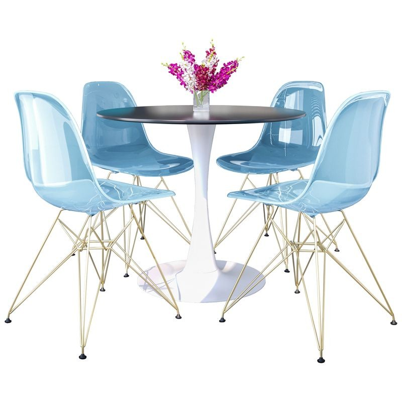 LeisureMod 5-Piece Dining Set with 35" Round Dining Table in White Iron Pedestal Base and 4 ABS Plastic Side Chair with Gold Base Transparent Blue