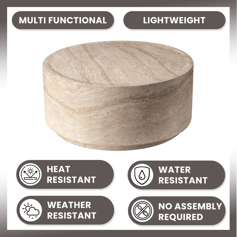 LeisureMod Terra Collection Fiberglass Outdoor Coffee Table in Travertine Details.