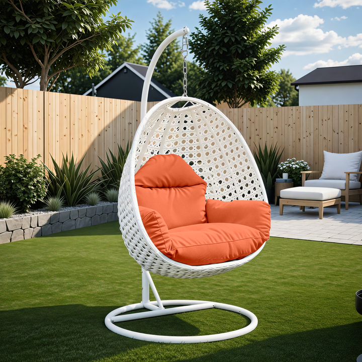 LeisureMod White Wicker Hanging Egg Swing Chair Orange