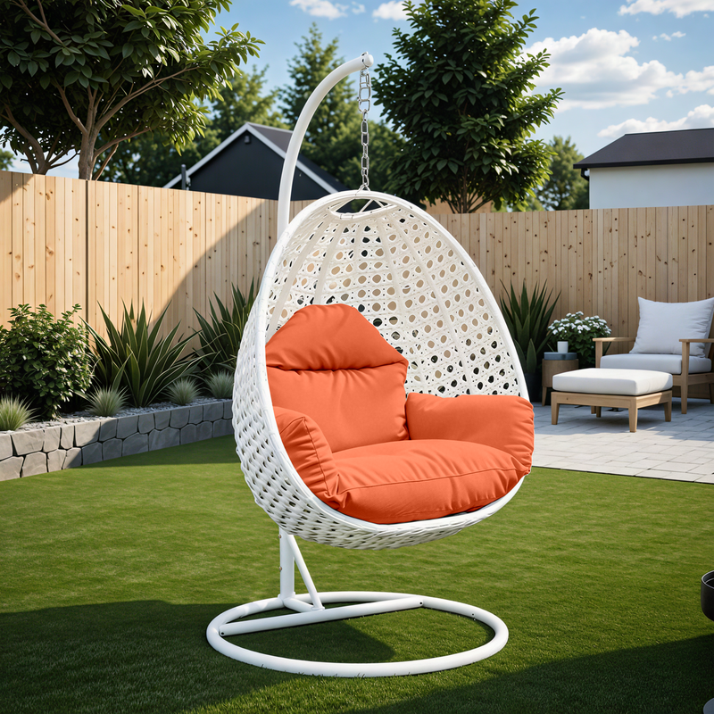 LeisureMod White Wicker Hanging Egg Swing Chair Orange
