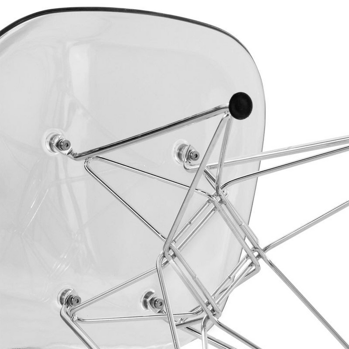 LeisureMod 5-Piece Dining Set 35" Round Dining Table in White Iron 4 ABS Plastic Side Chair in Chrome Clear Bottom Chair Photo.