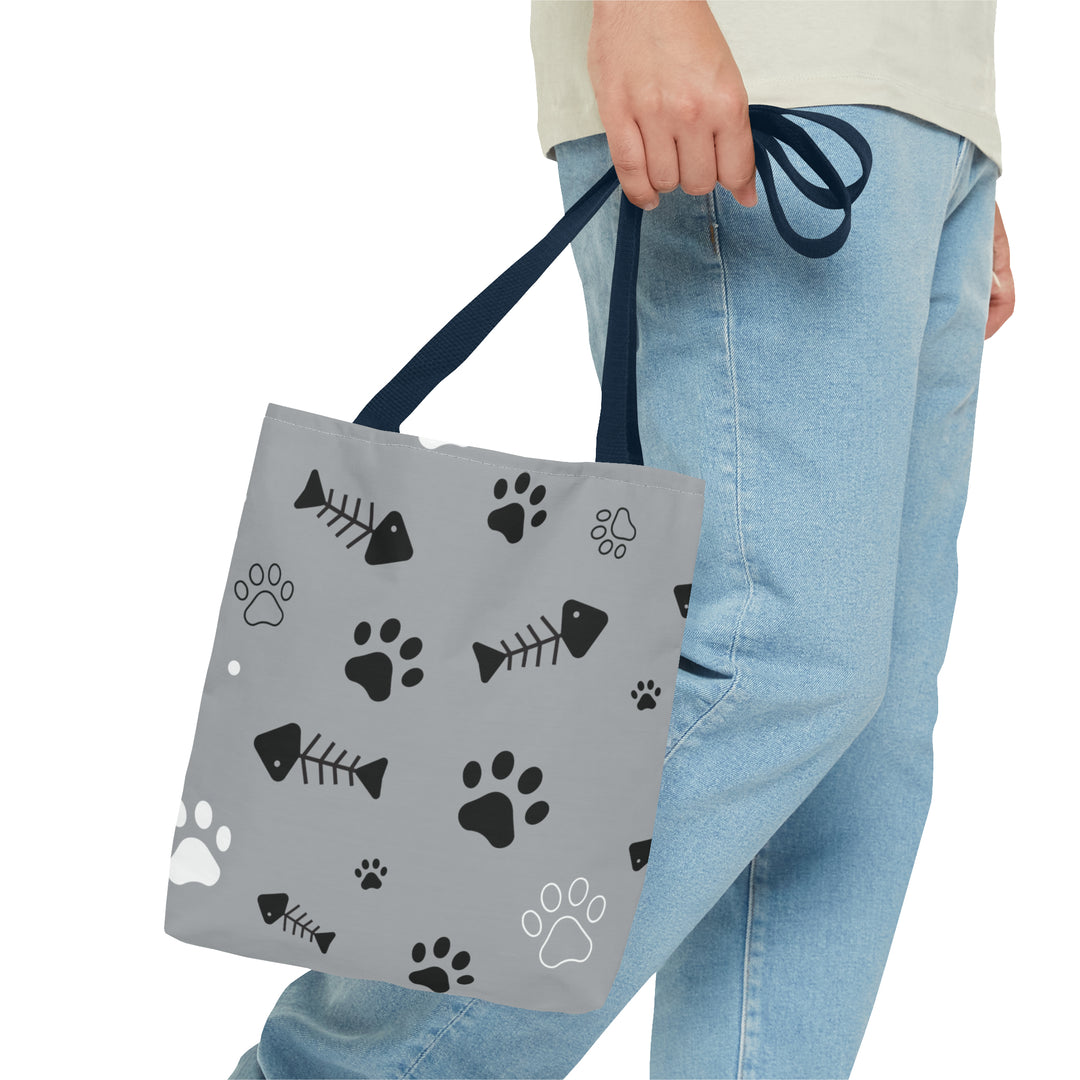 Paws and Fish Gray Pattern Tote Bag (AOP)