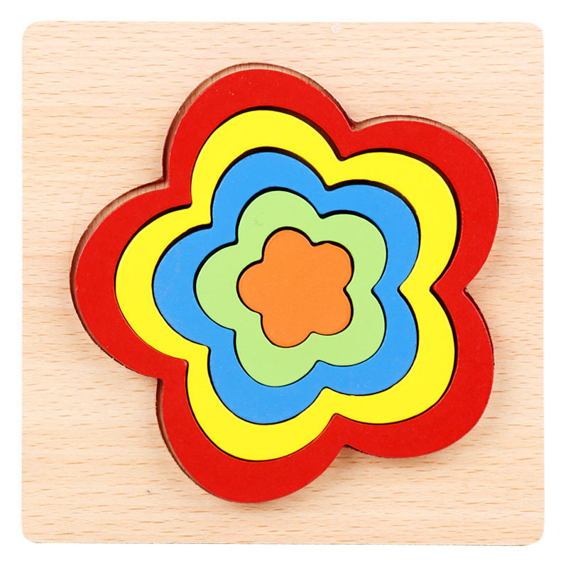 Colorful flower-shaped wooden puzzle on a light wood base.