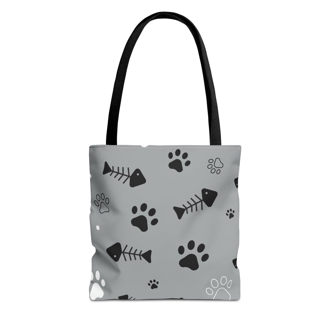 Paws and Fish Gray Pattern Tote Bag (AOP)
