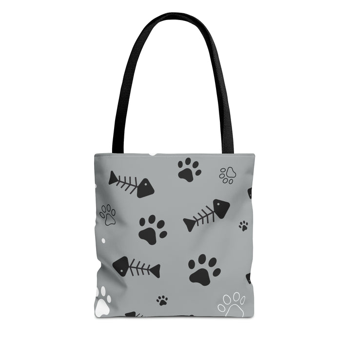 Paws and Fish Gray Pattern Tote Bag (AOP)