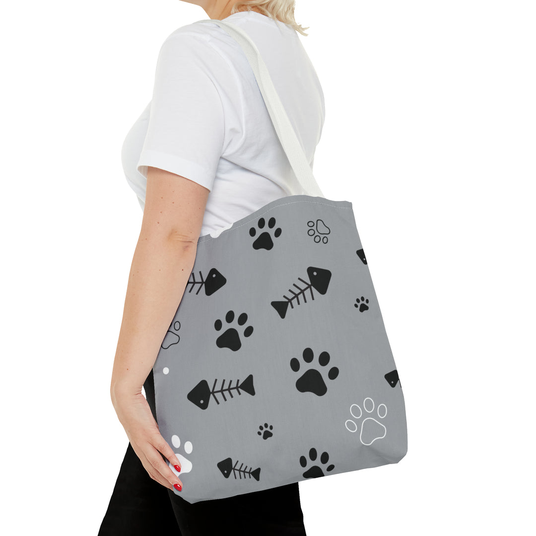 Paws and Fish Gray Pattern Tote Bag (AOP)
