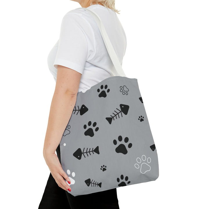 Paws and Fish Gray Pattern Tote Bag (AOP)