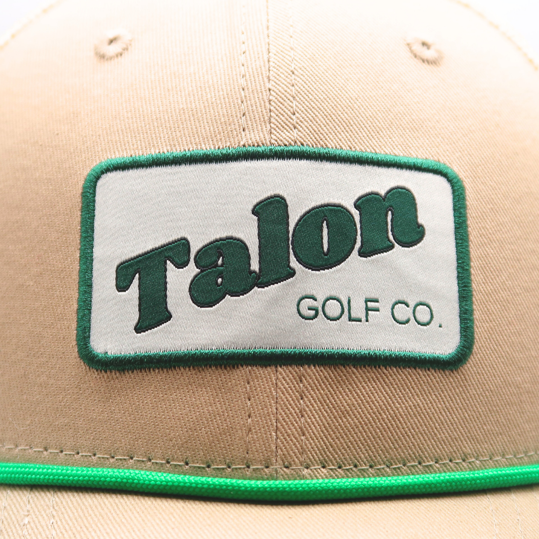 Green Rope Tan Trucker Hat Closeup.