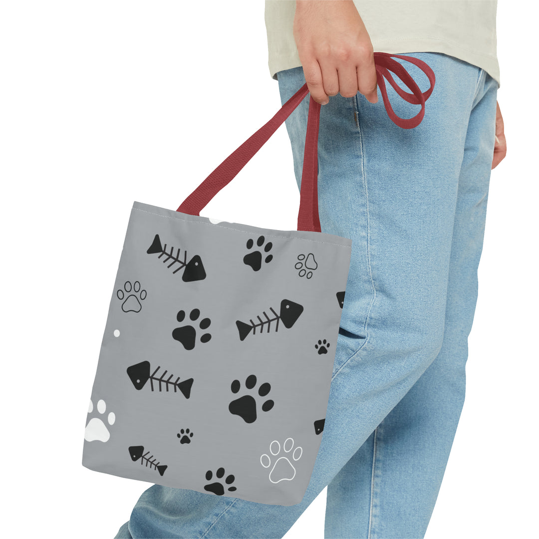 Paws and Fish Gray Pattern Tote Bag (AOP)