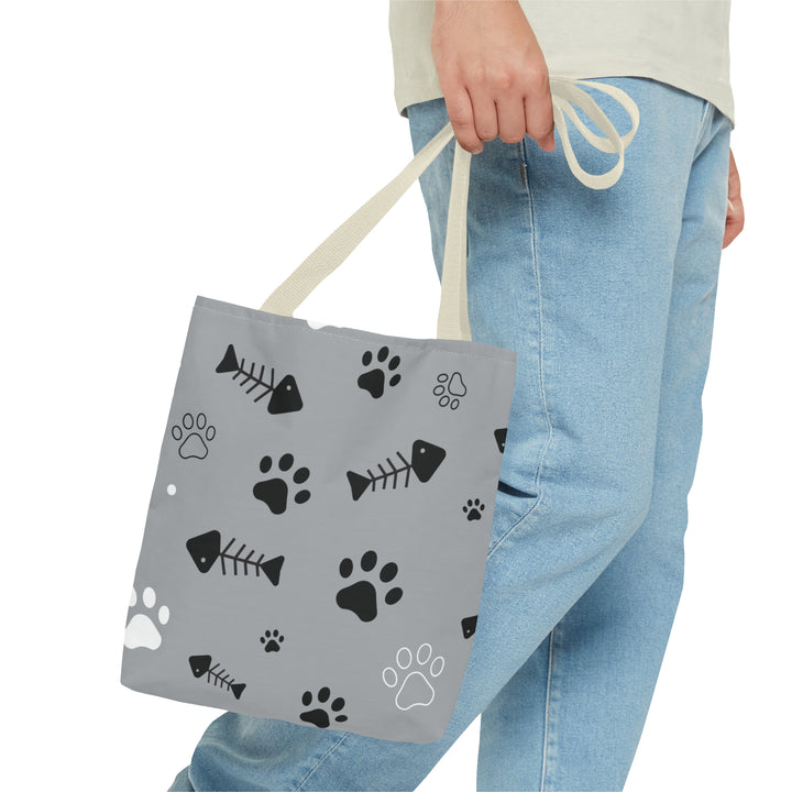 Paws and Fish Gray Pattern Tote Bag (AOP)