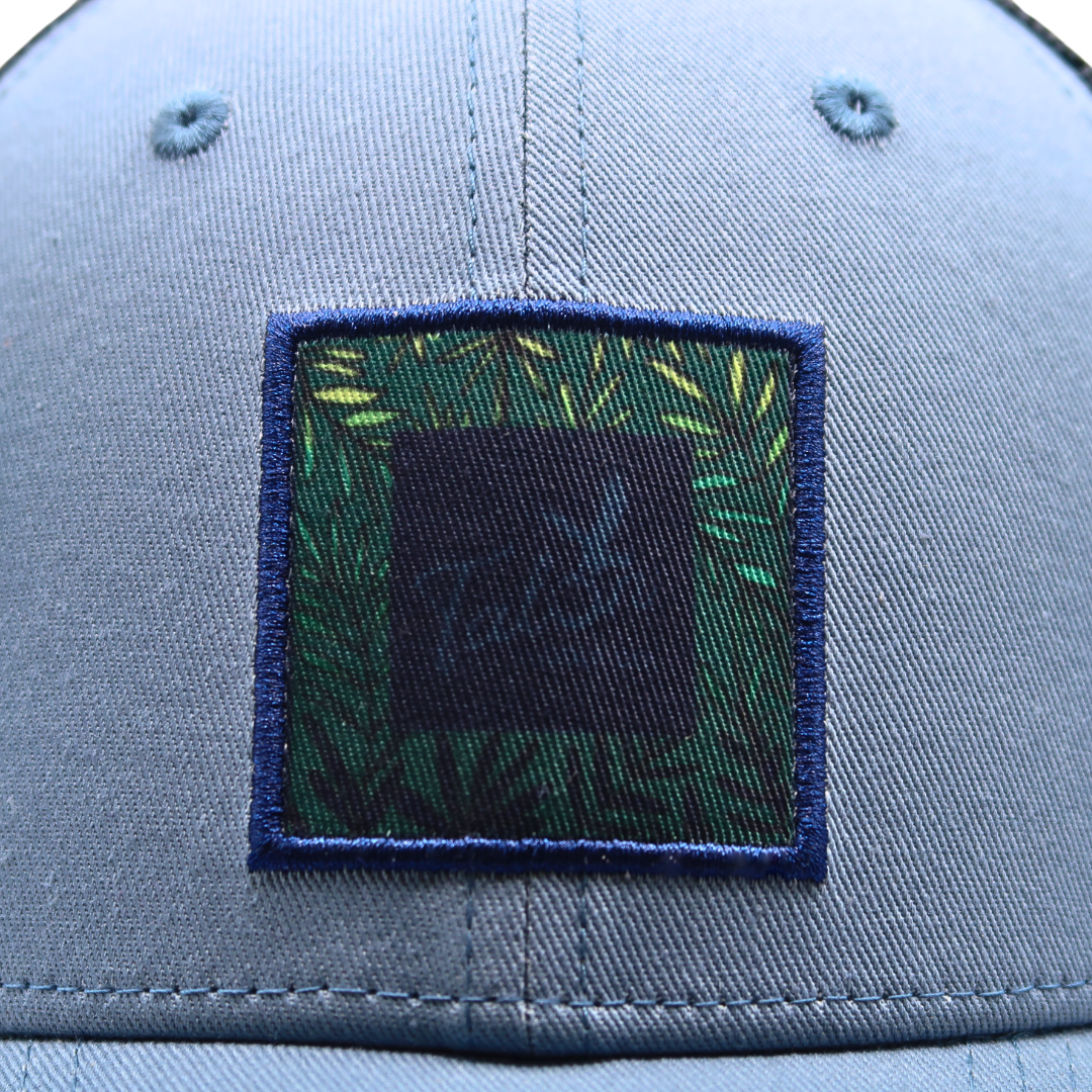 Fern Blue Trucker Hat Closeup.