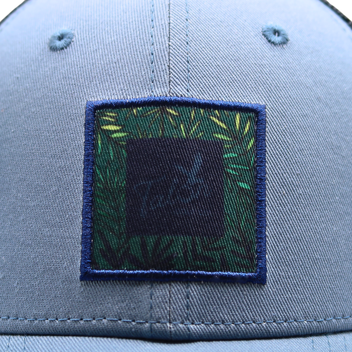 Fern Blue Trucker Hat Closeup.