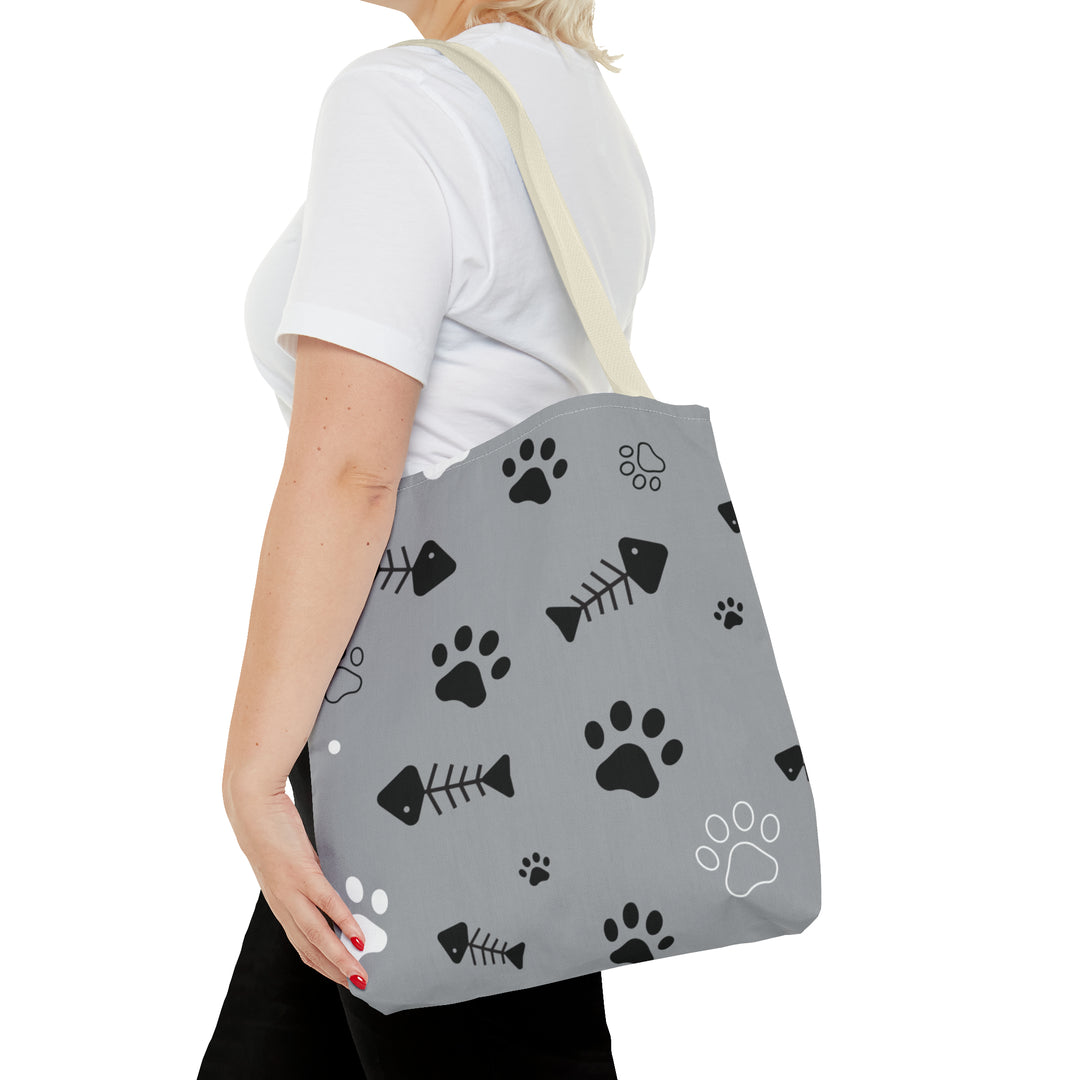 Paws and Fish Gray Pattern Tote Bag (AOP)