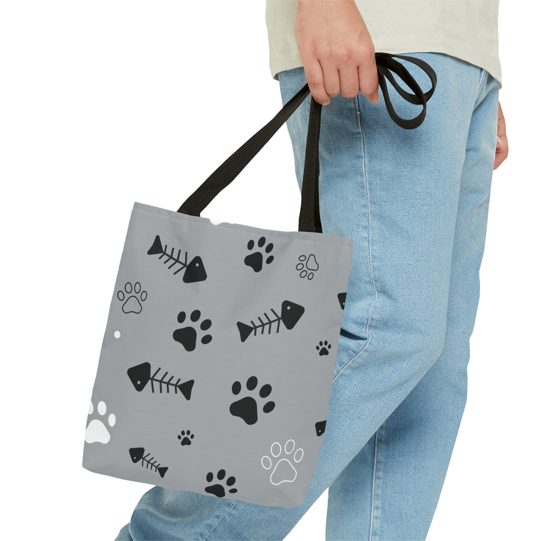 Paws and Fish Gray Pattern Tote Bag (AOP)