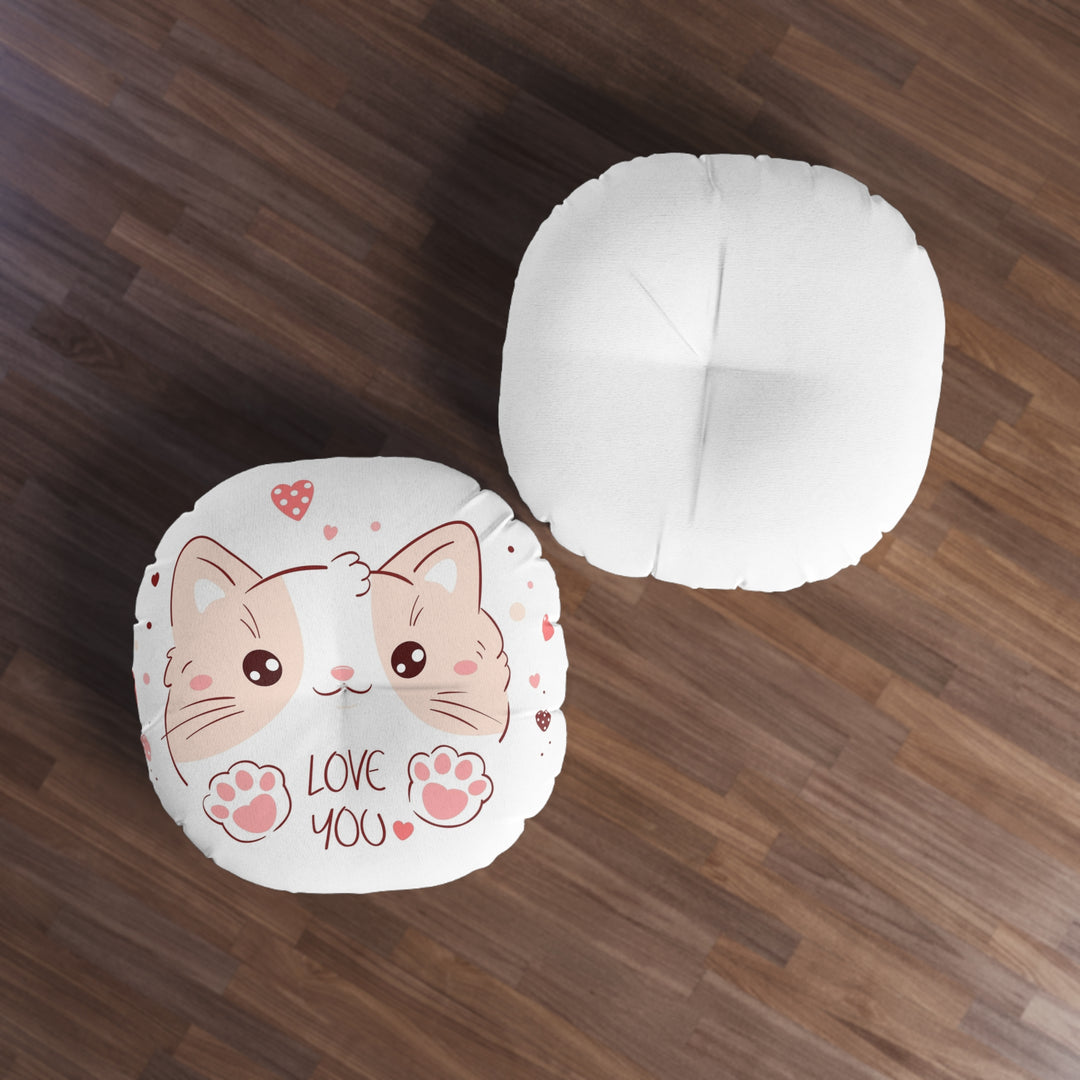 Love You Cat Tufted Floor Pillow, Round