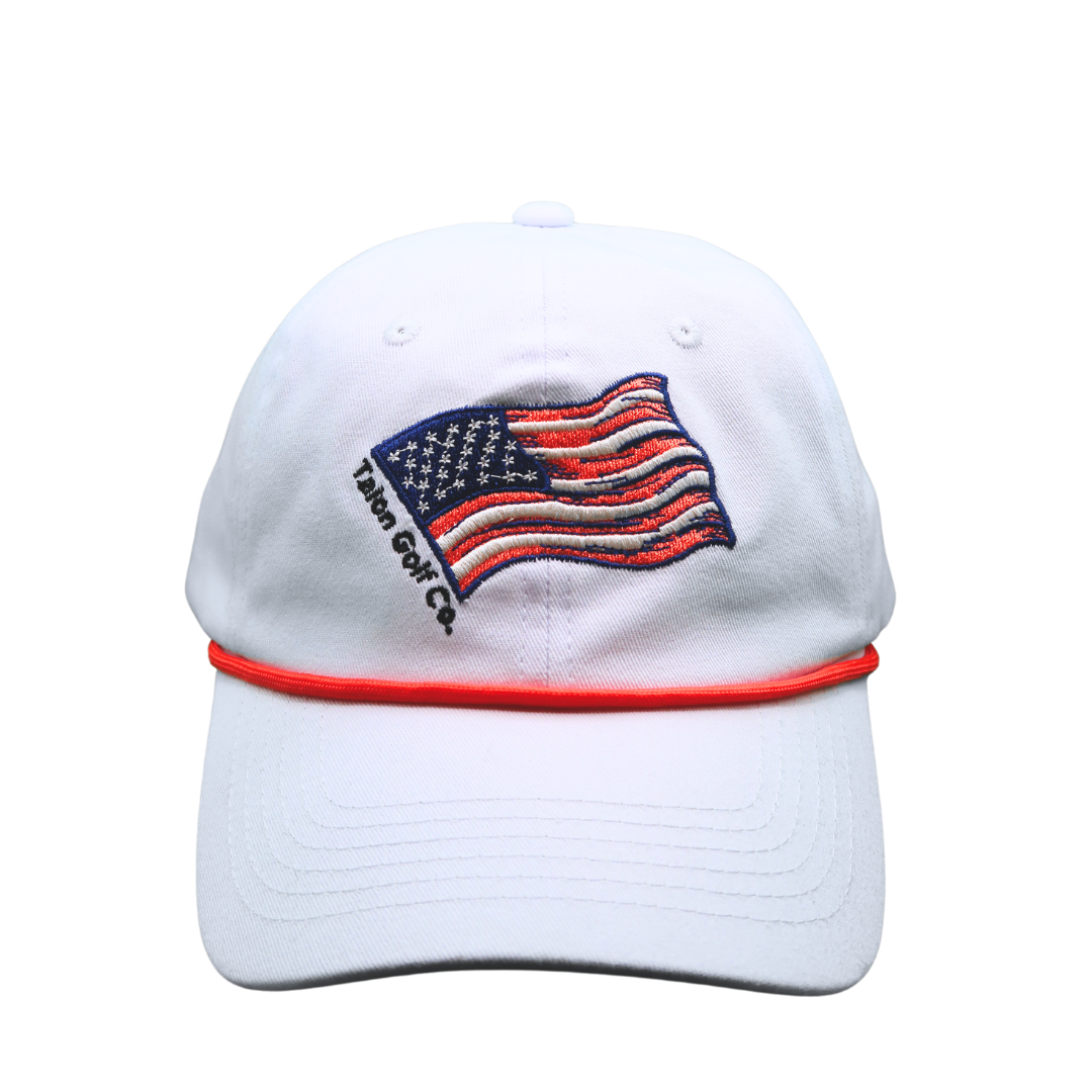 American Flag Baseball Hat with Red Rope Front View.