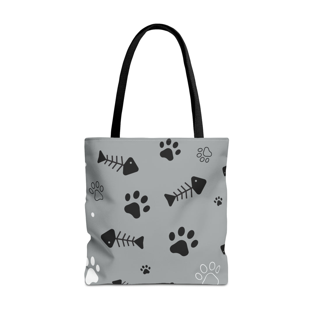 Paws and Fish Gray Pattern Tote Bag (AOP)