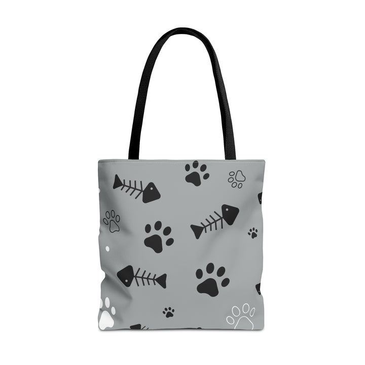 Paws and Fish Gray Pattern Tote Bag (AOP)