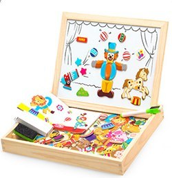 Wooden magnetic toy set with colorful characters and a wooden box.