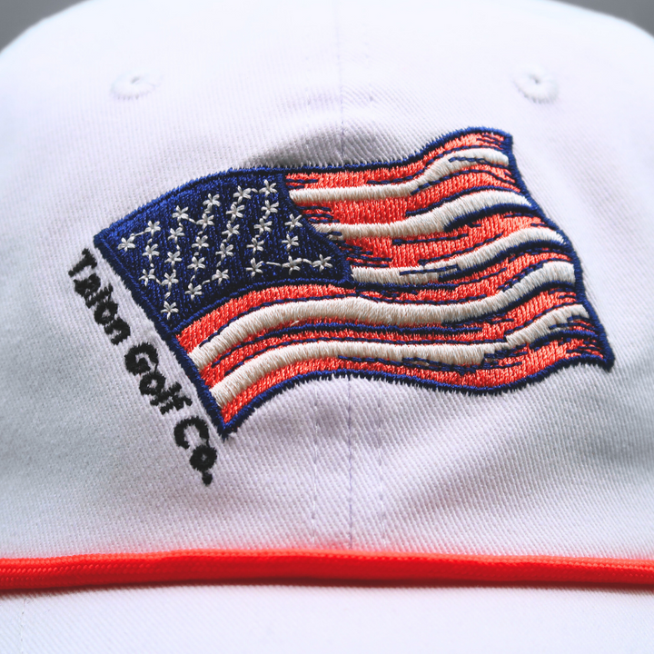 American Flag Baseball Hat with Red Rope Closeup.