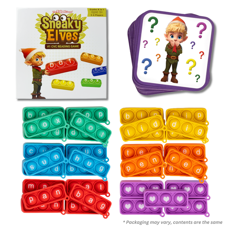 Sneaky Elves educational game set with cards and letter tiles on a white background.