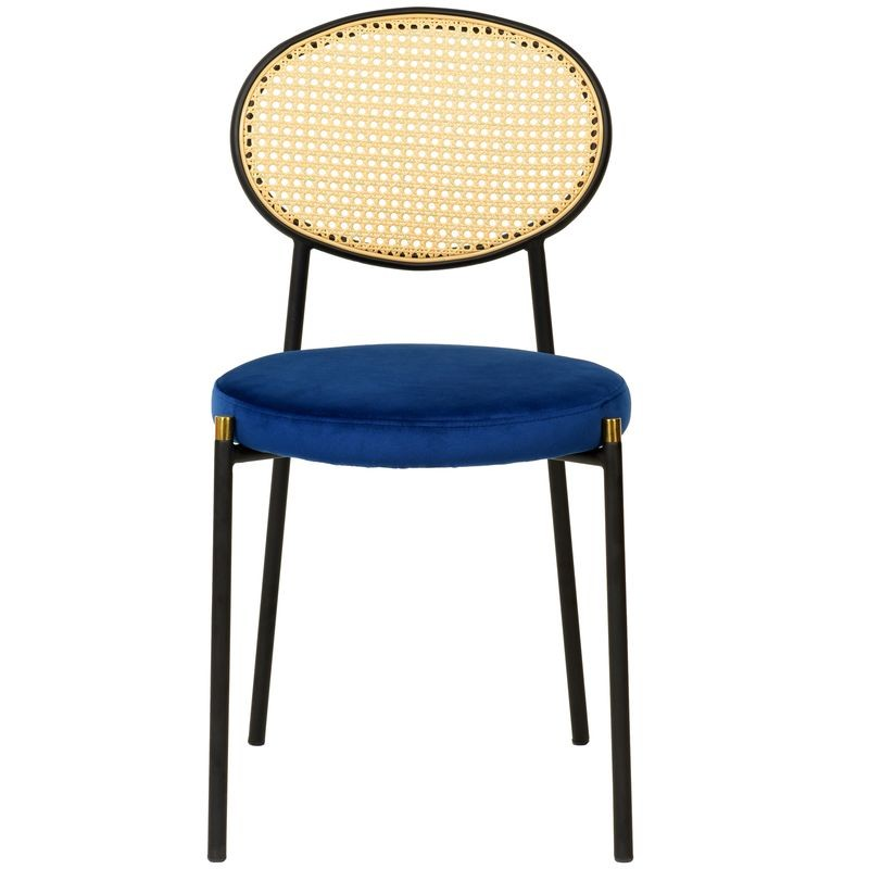 LeisureMod 5-Piece Dining Set with 36" Round Dining Table Black Sintered Stone Top and Black Pedestal with 4 Velvet Dining Chairs in Black Steel Legs in Navy Blue Front Chair.