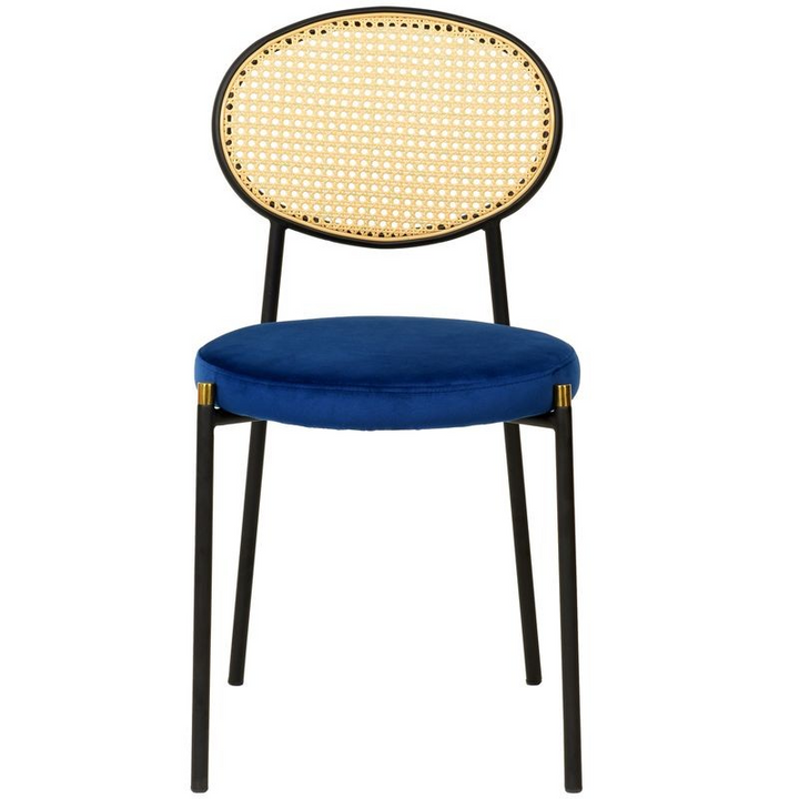 LeisureMod 5-Piece Dining Set with 36" Round Dining Table Black Sintered Stone Top and Black Pedestal with 4 Velvet Dining Chairs in Black Steel Legs in Navy Blue Front Chair.