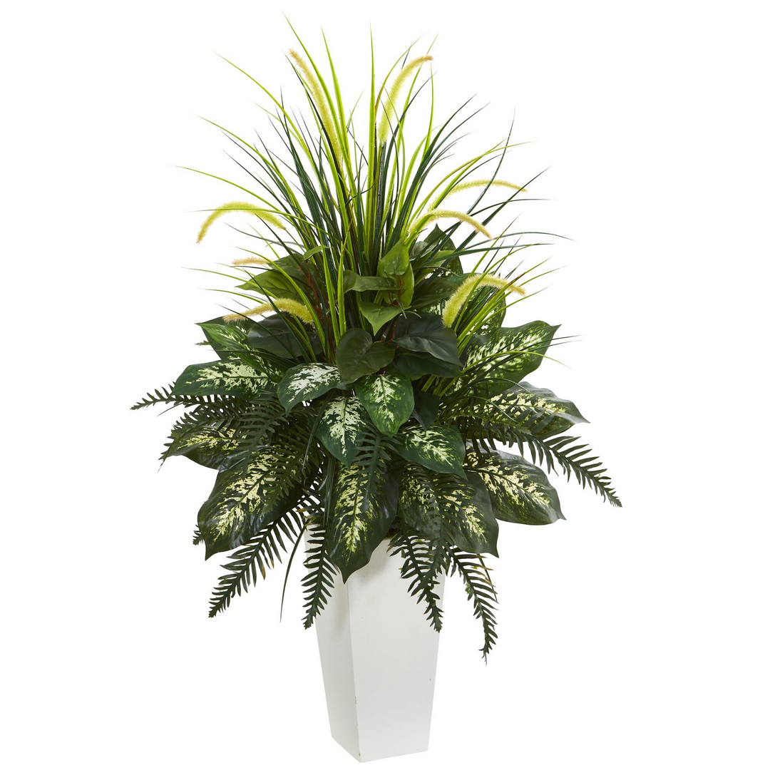 Mixed River Fern and Dog Tail Artificial Plant in White Tower Planter