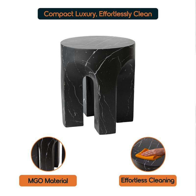 LeisureMod Crus Collection Fiberglass Outdoor Side Table Marbleized Black Details.