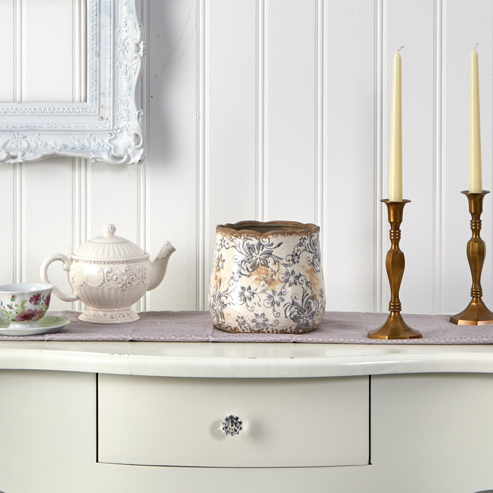 7” Tuscan Ceramic Gray Scroll Planter with Background