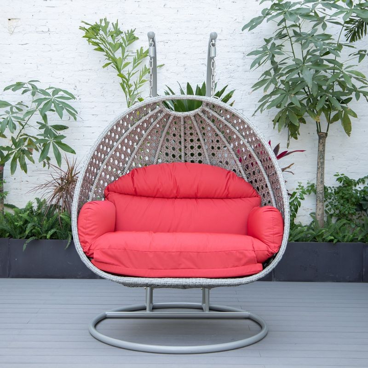 LeisureMod Mendoza Light Grey Wicker Hanging 2 Person Egg Swing Chair Red Front View.