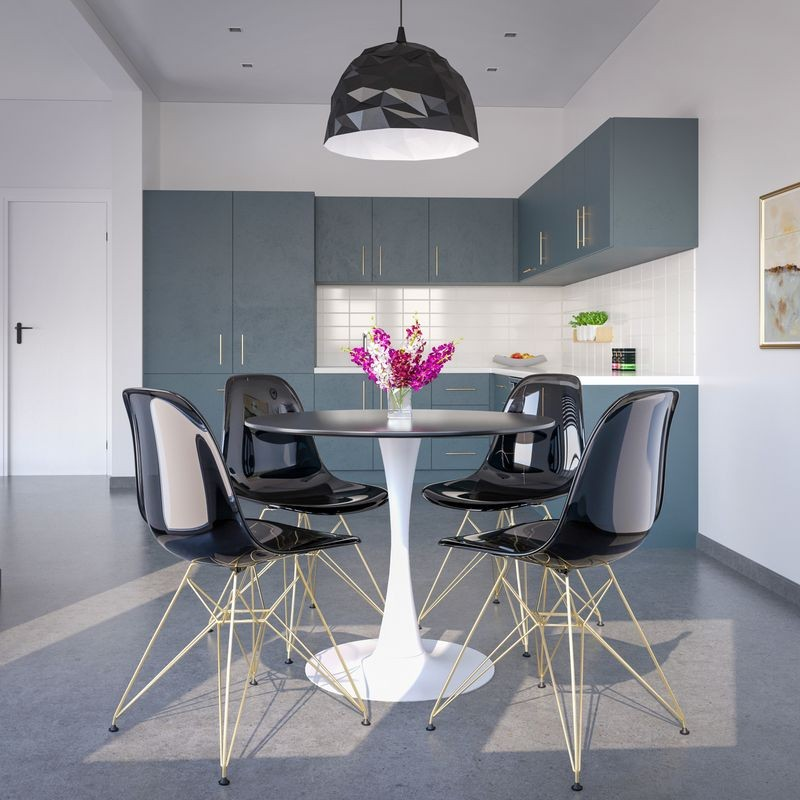 LeisureMod 5-Piece Dining Set with 35" Round Dining Table in White Iron Pedestal Base and 4 ABS Plastic Side Chair with Gold Base Transparent Black in Room.