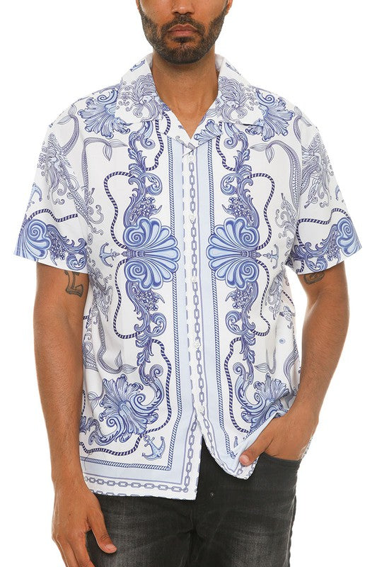 Men's Collared Print Button Down Shirt