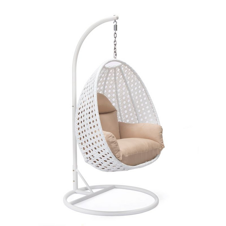 LeisureMod White Wicker Hanging Egg Swing Chair Beige without Background.