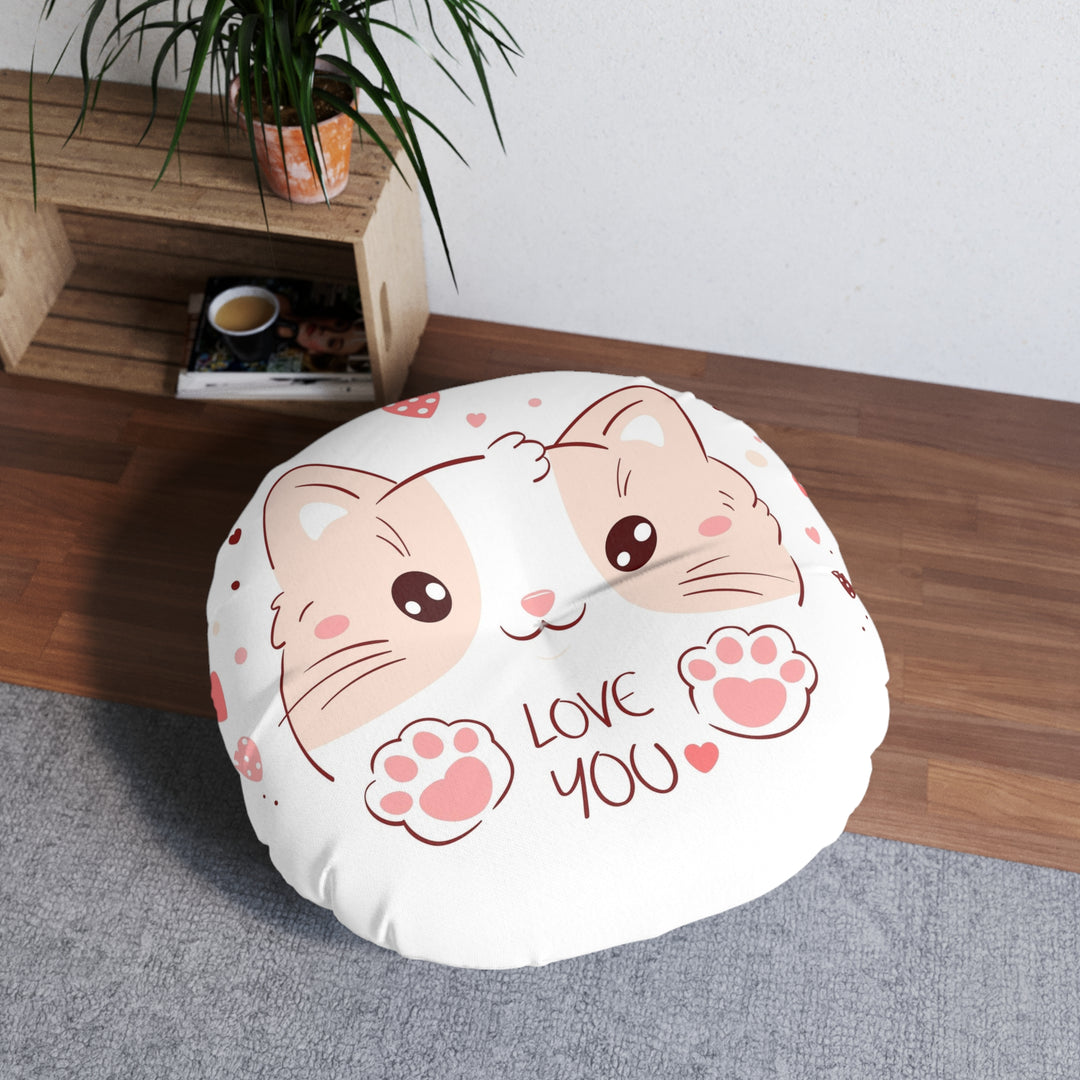 Love You Cat Tufted Floor Pillow, Round