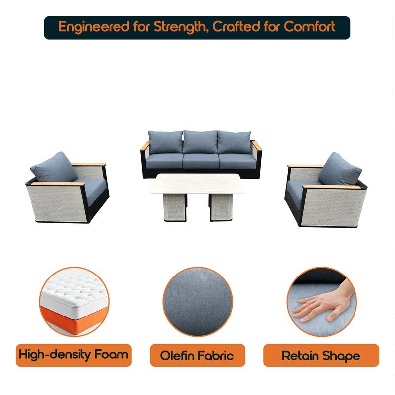 LeisureMod 4-Piece Conversation Set with Coffee Table, Sofa, and 2 Accent Chairs in Black Arvin Collection Black Details.