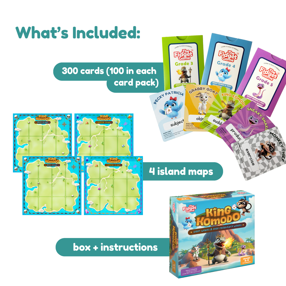 King Komodo game components including cards, maps, and box on a white background.