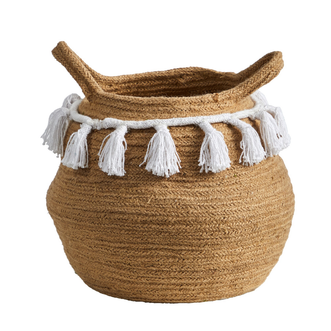 11” Boho Chic Handmade Natural Cotton Woven Basket with Tassels