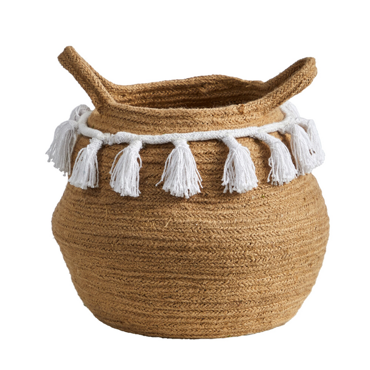 11” Boho Chic Handmade Natural Cotton Woven Basket with Tassels