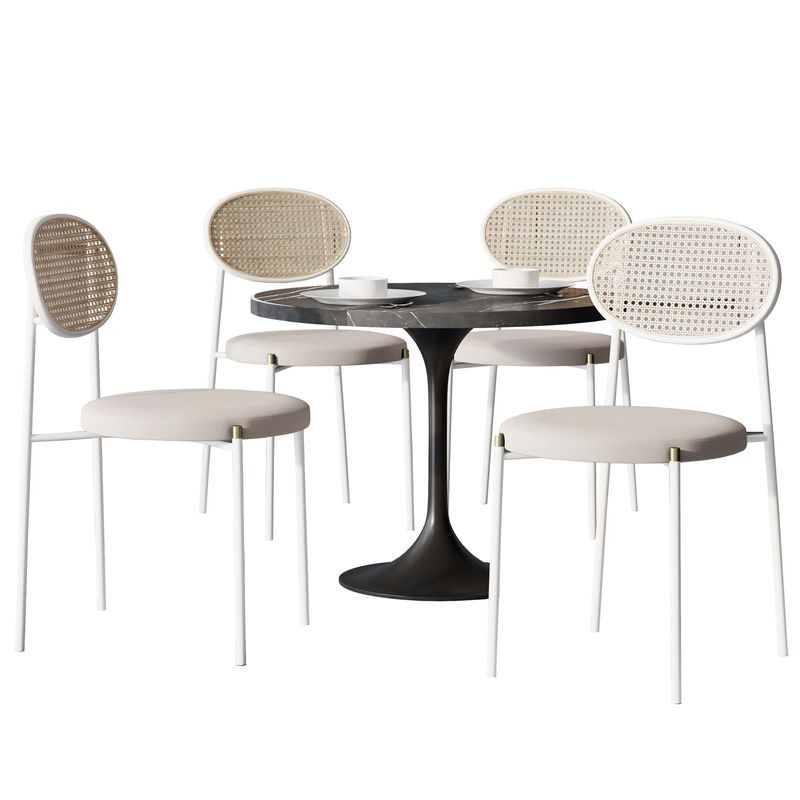 LeisureMod 5-Piece Dining Set with 36" Round Dining Table Black Sintered Stone Top and Black Pedestal with 4 Velvet Dining Chairs in White Steel Legs in Beige