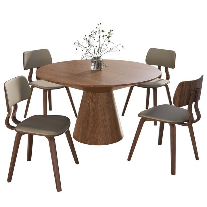 LeisureMod 5-Piece Dining Set with Round Wooden Table in Natural Wood and 4 Leather Dining Chairs in Walnut/Light Brown