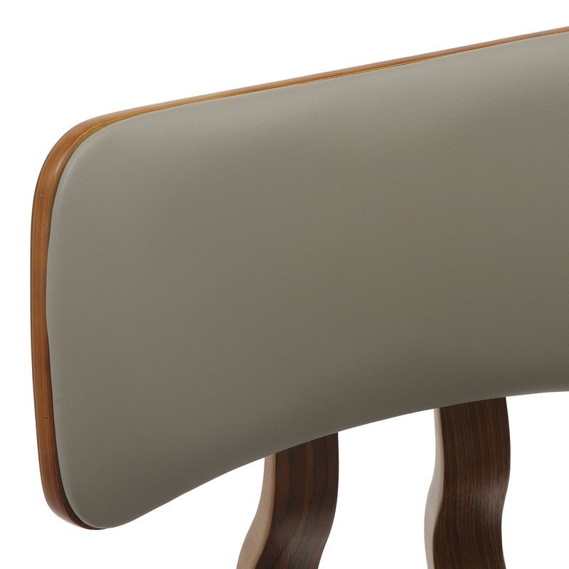 LeisureMod 5-Piece Dining Set with Round Wooden Table in Walnut and 4 Leather Dining Chairs in Walnut/Light Grey Backrest.