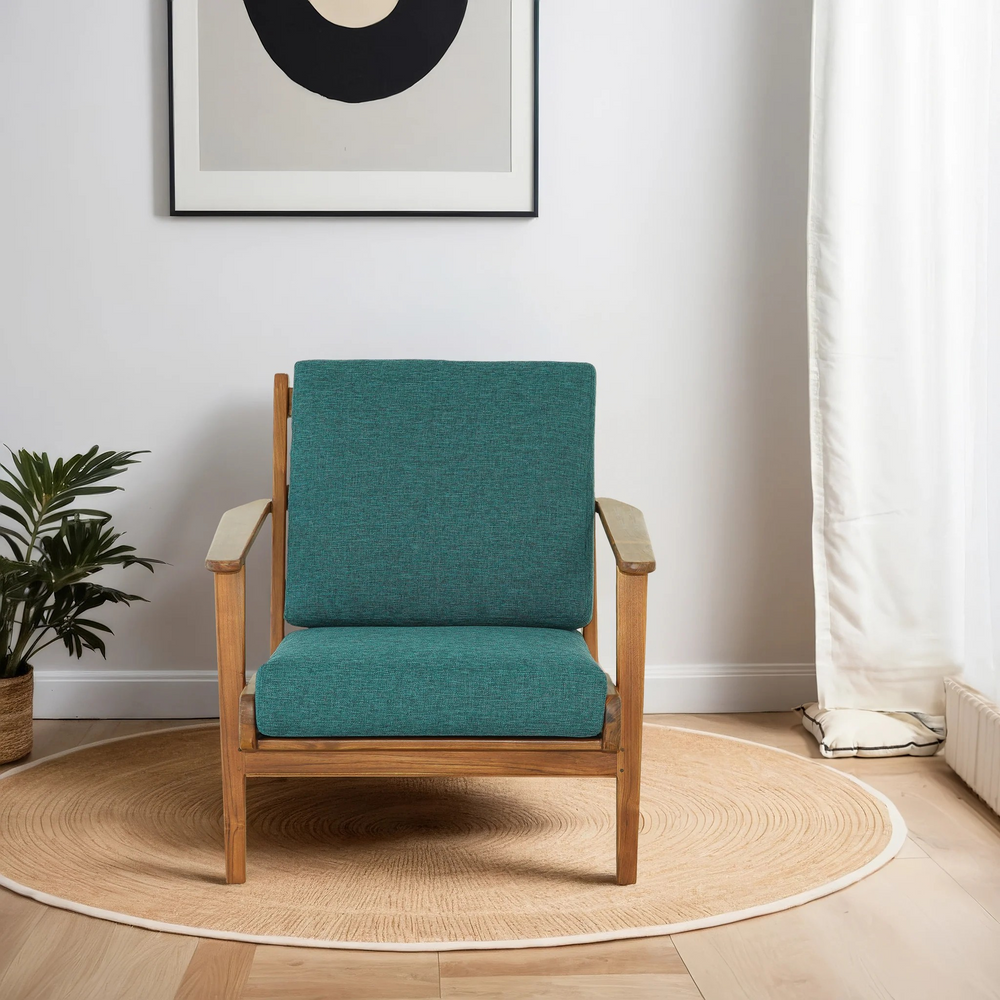 Connor Solid Wood Linen Lounge Chair Teal Front View.