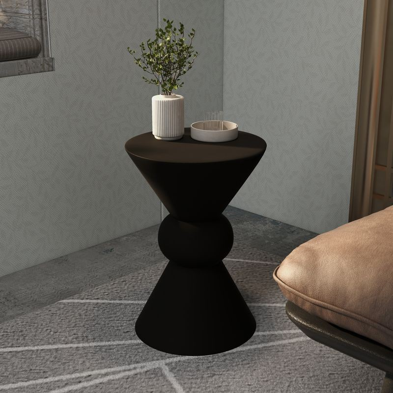 LeisureMod Echo Collection Fiberglass Outdoor Side Table in Dark Grey on Patio.