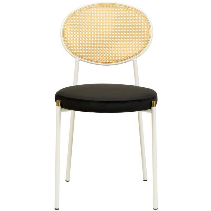 LeisureMod 5-Piece Dining Set with 36" Round Dining Table Black Sintered Stone Top and Black Pedestal with 4 Velvet Dining Chairs in White Steel Legs in Black Front Chair.