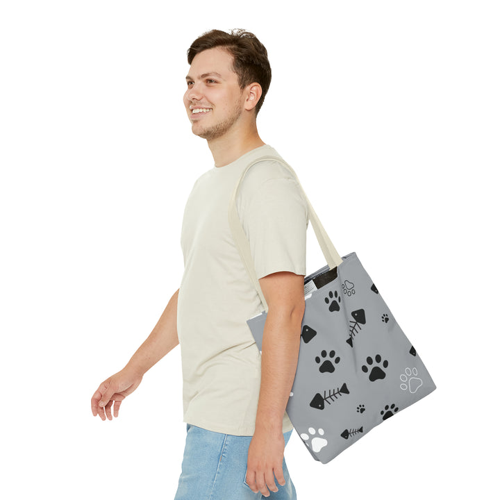 Paws and Fish Gray Pattern Tote Bag (AOP)