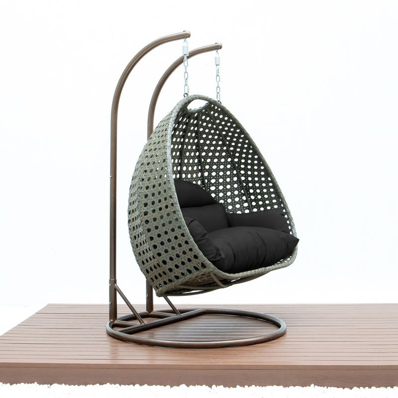 LeisureMod Beige Wicker Hanging 2 person Egg Swing Chair Black Side View.