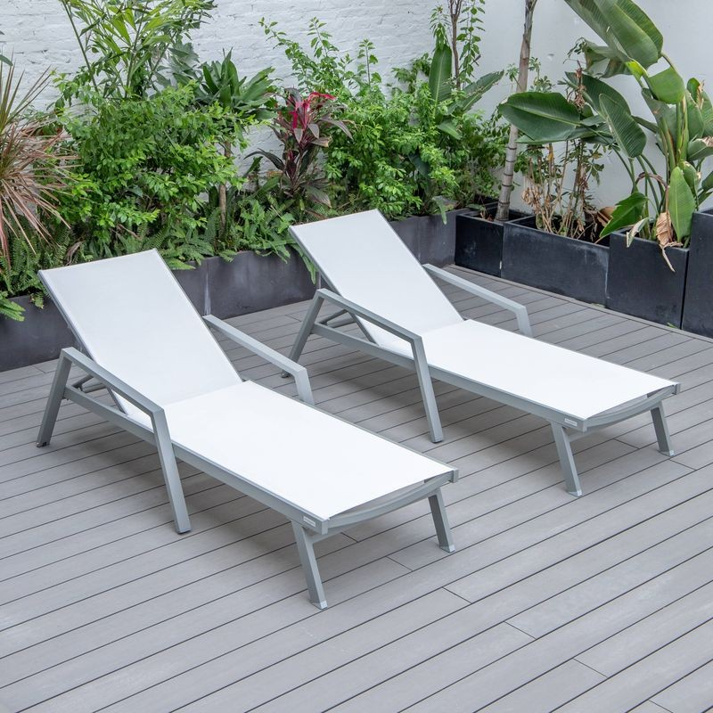LeisureMod Marlin Patio Chaise Lounge Chair with Armrests in Grey Aluminum Frame, Set of 2 in White
