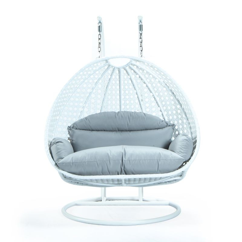 LeisureMod White Wicker Hanging 2 person Egg Swing Chair Light Grey Front View.